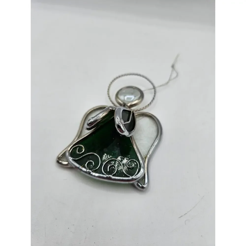 Vintage Stained Glass Angel Christmas Ornament w/ Silver Metal Trim Green